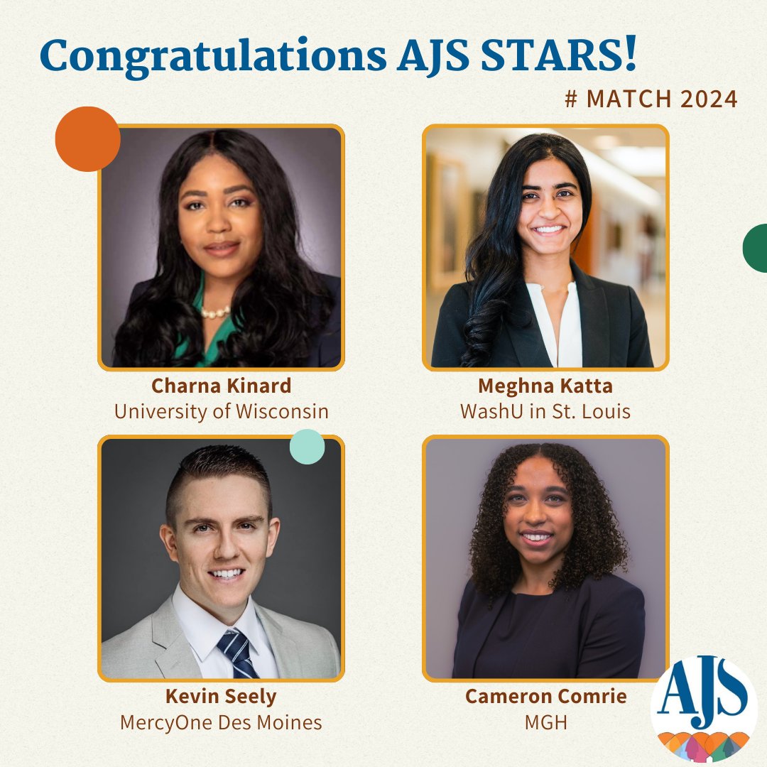 #MemberMonday 🌟 Congratulations!!! 🌟 Excited for the members of the <a href="/ajs_stars/">AJS Student and Resident Scholar (STARS) Committee</a> committee who matched on Friday #Match2024. 

🌟 <a href="/cameronecomrie/">Cameron Comrie</a> 💫 <a href="/MGHSurgery/">Mass General Surgery</a>
🌟 <a href="/meghna_katta/">Meghna Katta</a> 💫 @WashUSurgRes 
🌟 <a href="/Status_CKinard/">Charna Kinard, MD</a> 💫 <a href="/WiscSurgery/">UW-Madison Department of Surgery</a> 
🌟 <a href="/kevindseely/">Kevin D. Seely, DO</a> 💫 <a href="/MercyOne_Iowa/">MercyOne</a>