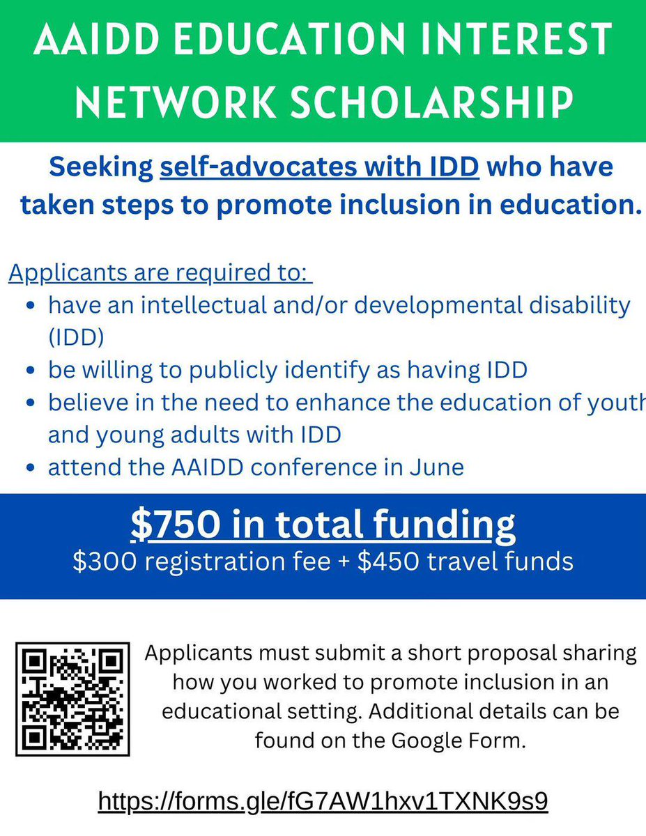A few weeks remaining! Submit your proposal by April 5, 2024 and receive up to $750 in funding to attend the Annual AAIDD Conference. Submit your information here: forms.gle/993688xRjE3Zpz…