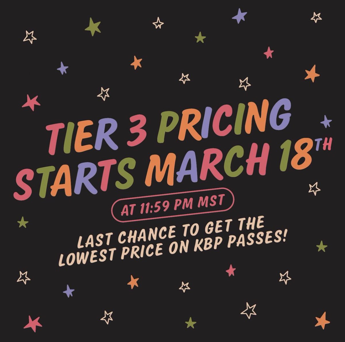 Ticket prices increase to Tier 3 TONIGHT at 11:59pm MST. Grab tickets now before prices go up‼️ 3-Day VIP is almost totally SOLD OUT, tickets and info at kilbyblockparty.com