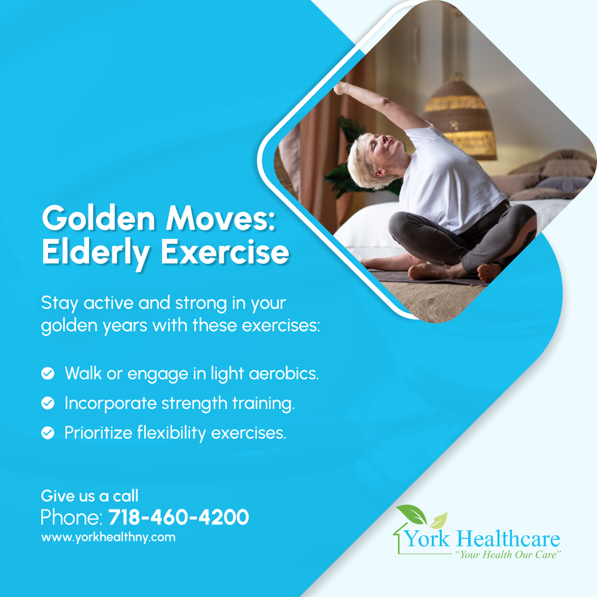 Age is just a number, and staying active keeps you young at heart. Embrace these exercises to promote strength, flexibility, and vitality in your golden years. 

#ElderlyFitness #ElmhurstNewYork #HomeHealthCare #ActiveAging #SeniorExercise