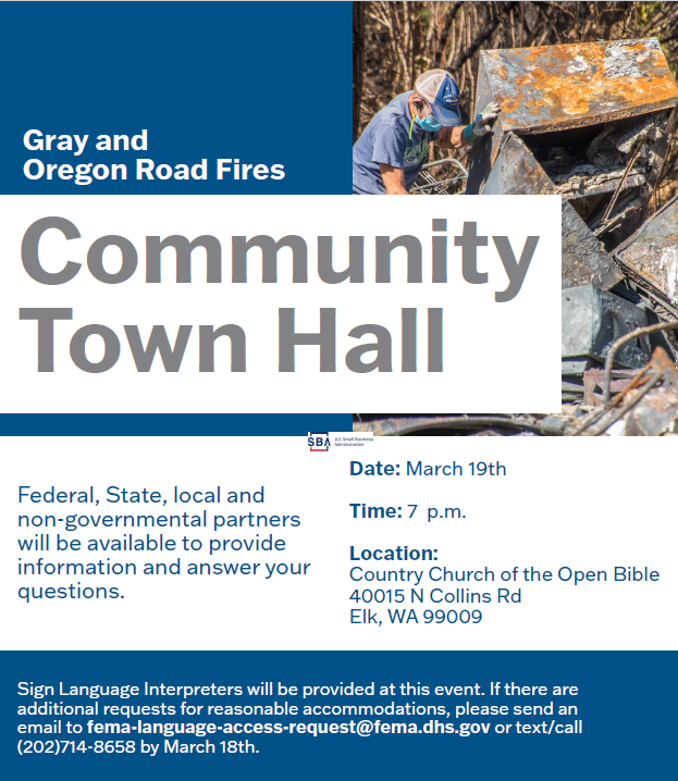 FEMARegion10's tweet photo. 🗣️#SpokaneCounty, WA:
Join us at tomorrow's Community Town Hall to speak with federal, state, local, and non-government officials about recovery from the #GrayFire and #OregonRoadFire.
📅 March 19 at 7 p.m.
📍Country Church of the Open Bible
40015 N Collins Rd
Elk, WA 99009 https://t.co/Pz4qb8mOgV