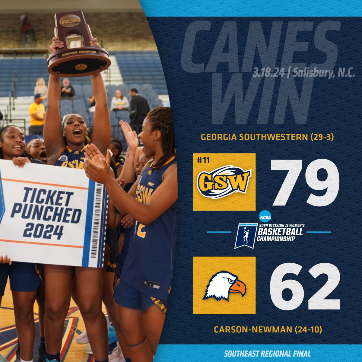 Bringing home some hardware! 🏆 NCAA DII Southeast Region 𝐂𝐇𝐀𝐌𝐏𝐒!

@GSW_WBasketball advances to the NCAA Tournament Elite 8 in St. Joseph, MO for 1st time in school history.

Ndidiamaka Ndukwe - 21 pts, 4-5 3-pt
Lexi McCully - 13 pts
Destiny Garrett - 11 pts, 7 reb
#D2WBB