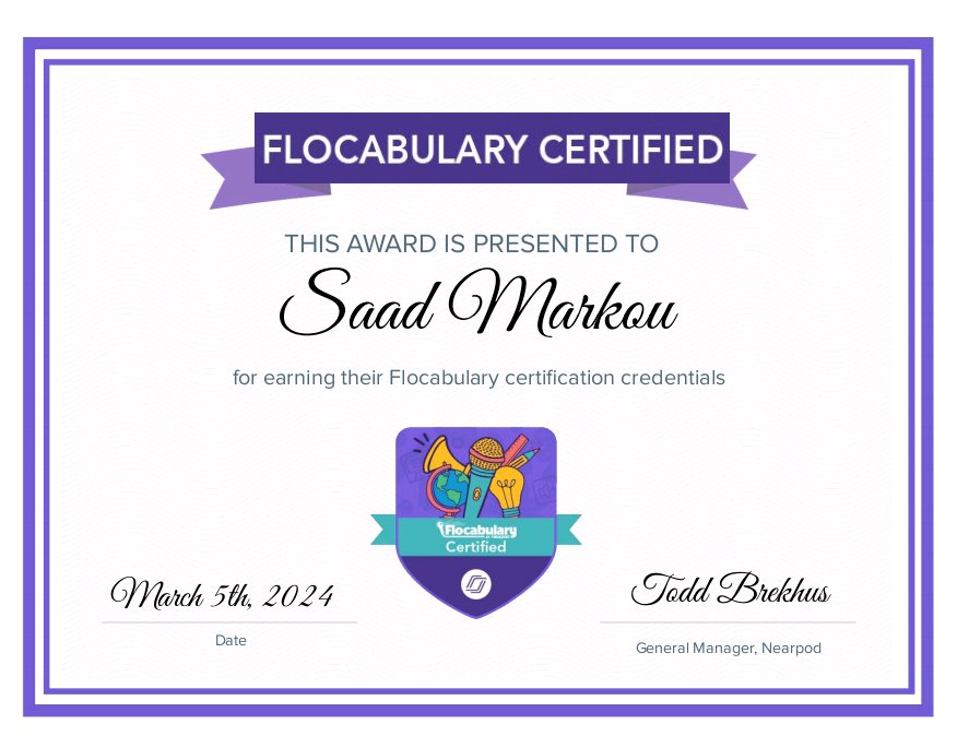 saadmarkou's tweet photo. I am so excited that I've received my new โจ Flocabulary Certification!! ๐
Therefore I'm proudly sharing my certificate. My School (@SSTamdoulte) would be proud of this achievement!
Thank you @nearpod and @Flocabulary for the #FlocabCertified
#edtech #pedtech #mieexpert #msedu https://t.co/eosOet3TAw