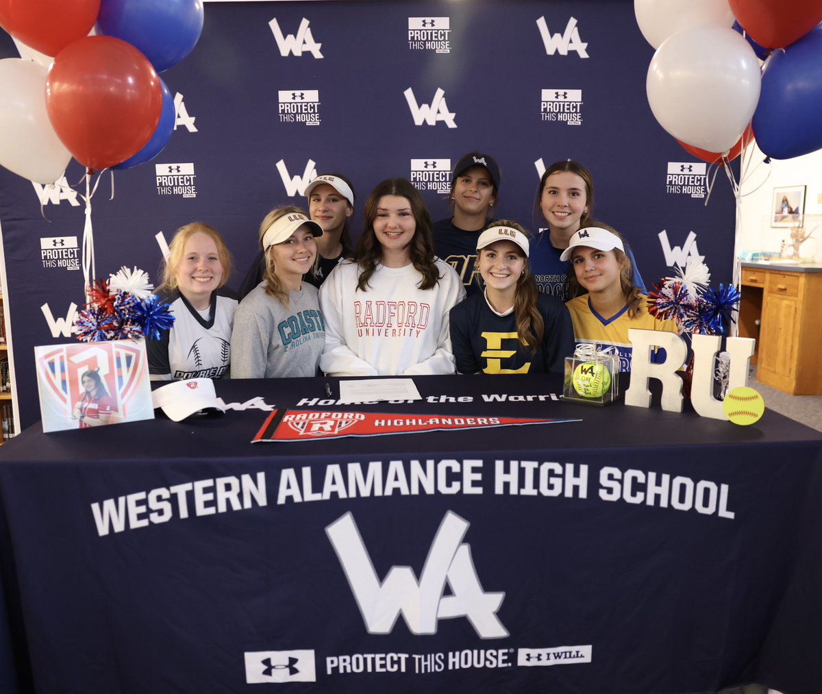DubASoftball's tweet photo. Big smiles on signing day! Congratulations to @KaraAlday for making her commitment to Radford University official at tonight’s signing ceremony. Your WA Softball family is so incredibly proud of you and extremely excited-keep doing BIG things the remainder of your senior season! https://t.co/e4U6iDNa3f