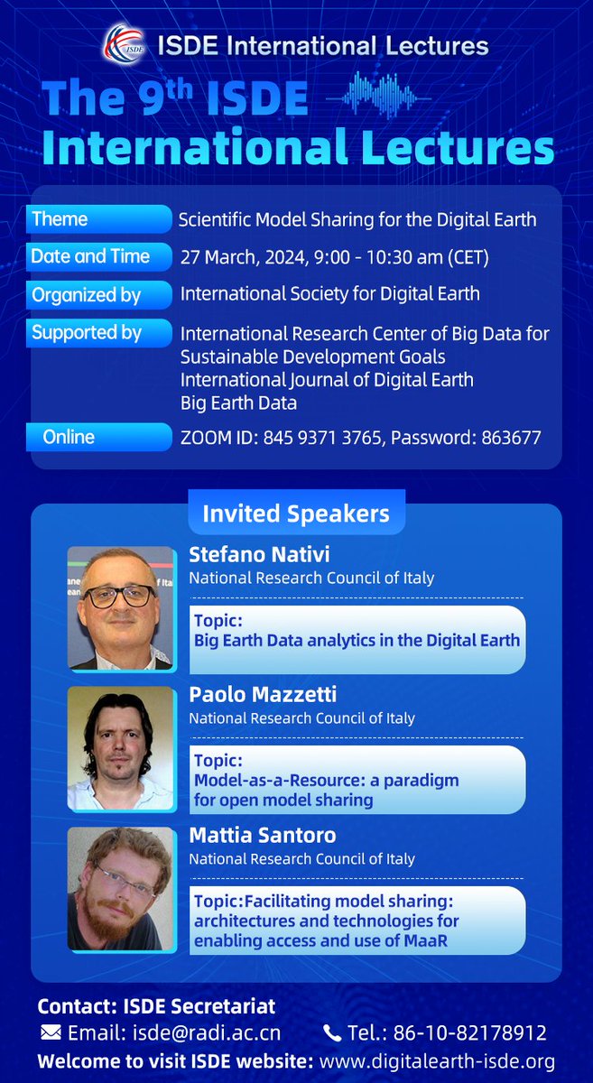 ISDEsecretariat's tweet photo. Save the date and join the 9th ISDE Int'l Lectures on #Scientific #ModelSharing for the #DigitalEarth
🗓 Mar. 27, 9:00-10:30(CET)
🎤Speakers: Stefano Nativi, Paolo Mazzetti, Mattia Santoro from @CNRsocial_
🖇️Zoom https://t.co/tn5fV7Td3F
#webinar #lecure
📰https://t.co/OMO3XpvcYl https://t.co/mLaYzwSY0e