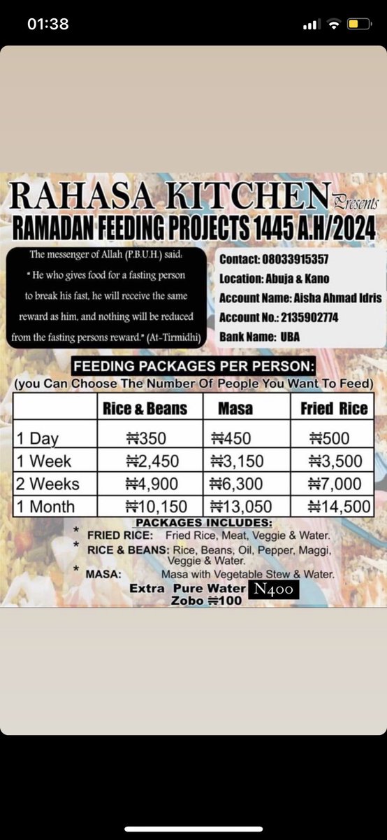 Rahasa_Kitchen's tweet photo. RAMADAN FEEDING PROJECTS 1445 A.H/ 2024. 

Let’s join hands &amp; feed the less privileged this holy month. May Allah continue to bless us All. https://t.co/PZ3Z4YGOJY