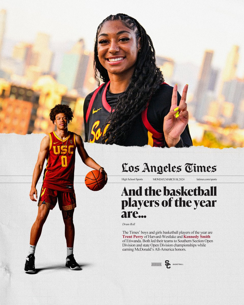 USC basketball signees in the news 🗞 Congrats to Kennedy Smith and Trent Perry on being named @latimes Players of the Year!