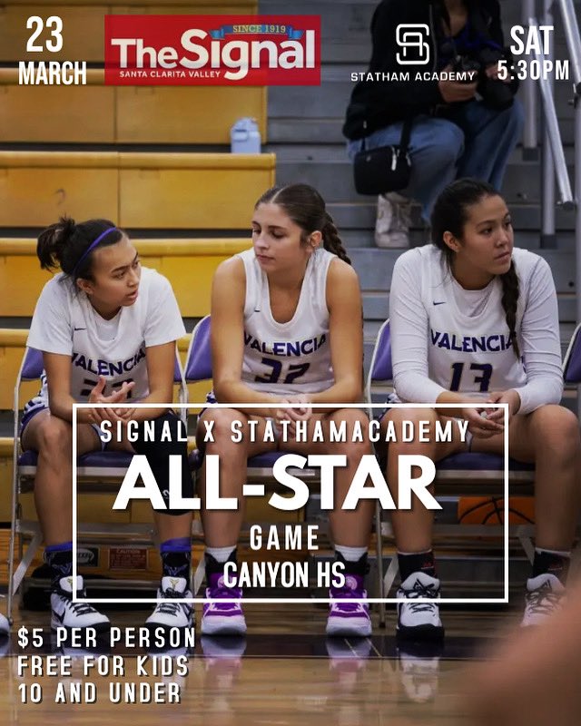 ValenciaGirlsBB's tweet photo. 🏀 The SIGNAL X STATHAMACADEMY ALL-STAR GAME

Come and support our 3 players participating in the All-Star Game.

🗓️ MARCH 23 (SATURDAY)
⏰ 5:30 PM
📍 CANYON HS
🎟️ $5 Per Person and Free for kids under 10 years old

@JustinwillTweet @SCVSignal @StathamAcademy @VHSVikingSports https://t.co/Pbcd0mythD