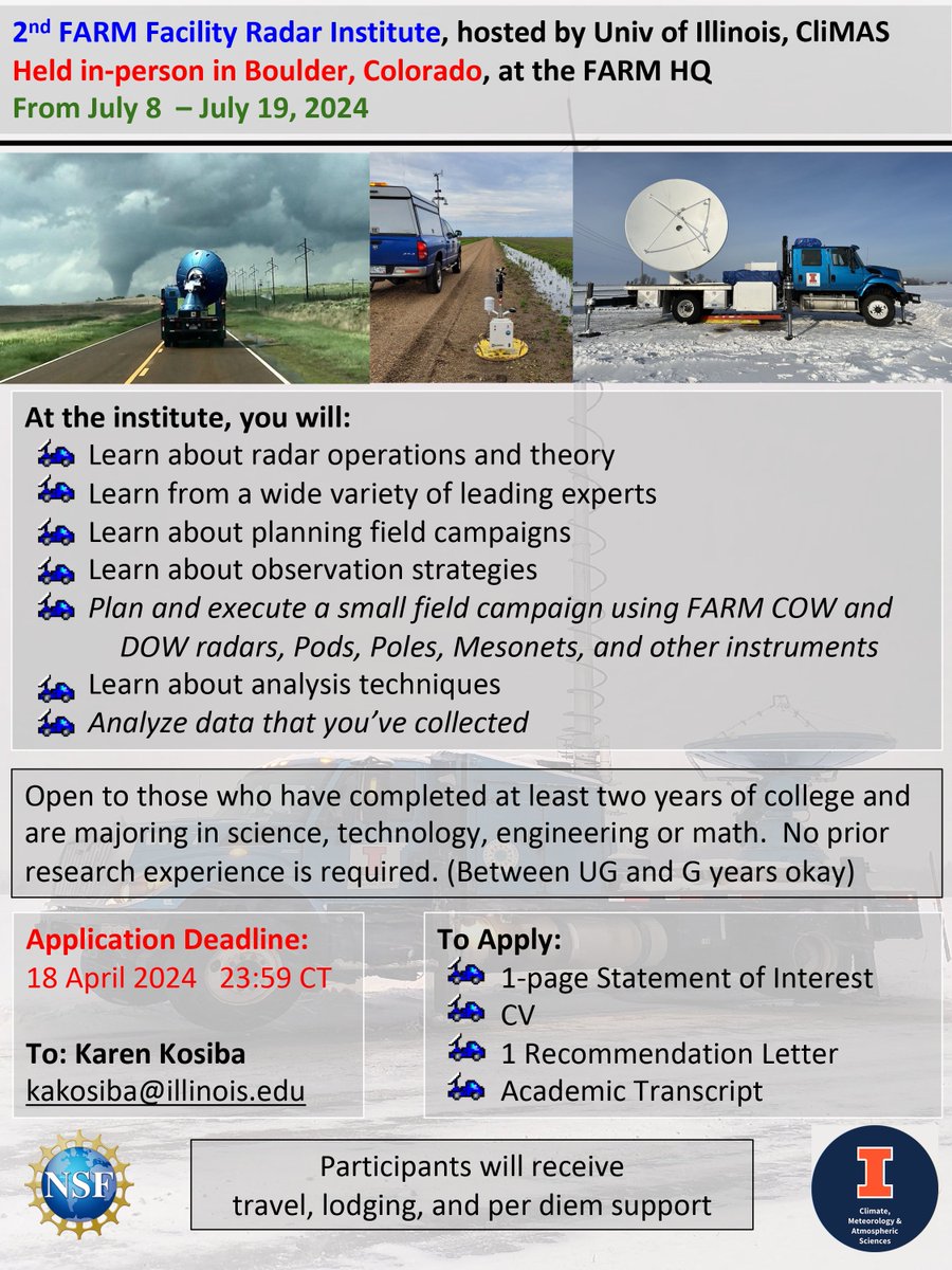 It's back!  The 2024 <a href="/DOWFacility/">Doppler on Wheels (DOW)</a> Summer Institute is now accepting applicants.  Get hands on experience with facility scientists and CLiMAS faculty in all things observations. Application deadline is 18 April!