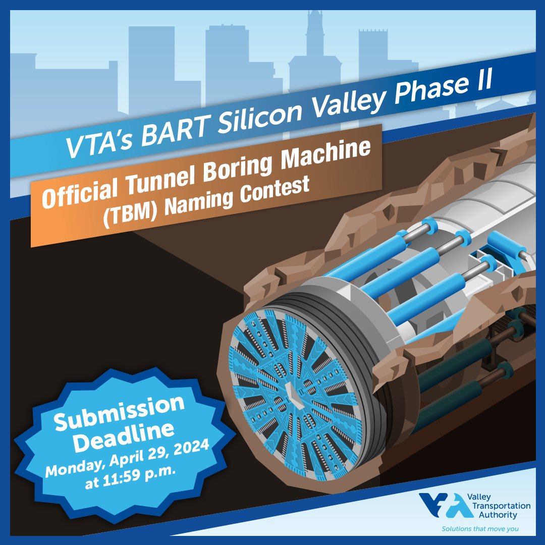 VTA's BSVII Tunnel Boring Machine Naming Competition just launched! To submit an entry, learn more about contest rules and prizes check out the contest webpage! We look forward to your creative entries bit.ly/4aj9Ogg #bartsiliconvalley #vtabsv2 #VTATBM #NamingCompetition