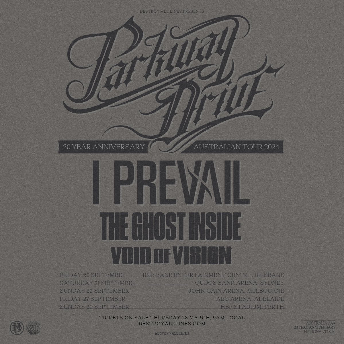 Australia.. Void Of Vision will be joining @parkwayofficial this September for their biggest ever headline tour with @IPrevailBand & @theghostinside Sign up now for presale access on Tuesday 26th March at 9am local time. daltours.cc/PWD20Yrs