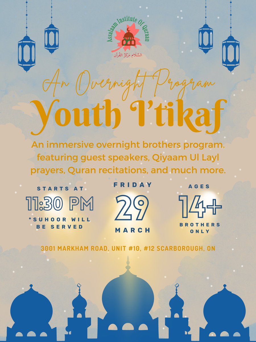 AssalaamIQ's tweet photo. Assalamualaikum. 

All brothers, ages 14 and above, are invited to join us on Friday, March 29th, after Salahtul Taraweeh for our overnight youth i'tikaf program. Suhoor accommodations will be made for all participants.
Please register using this link: https://t.co/hC3OqJAVYi https://t.co/4Obj7bV6XT
