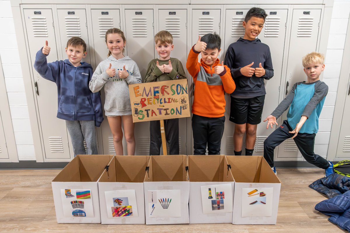Meet the #RecyclingHeroes of @EmersonD205! Today, on #GlobalRecyclingDay, we're celebrating the Conservation Club who went above & beyond by setting up recycling stations for pens, markers, wrappers, & more! Let's give it up for their dedication to a greener future! 🌍 #WeAreD205