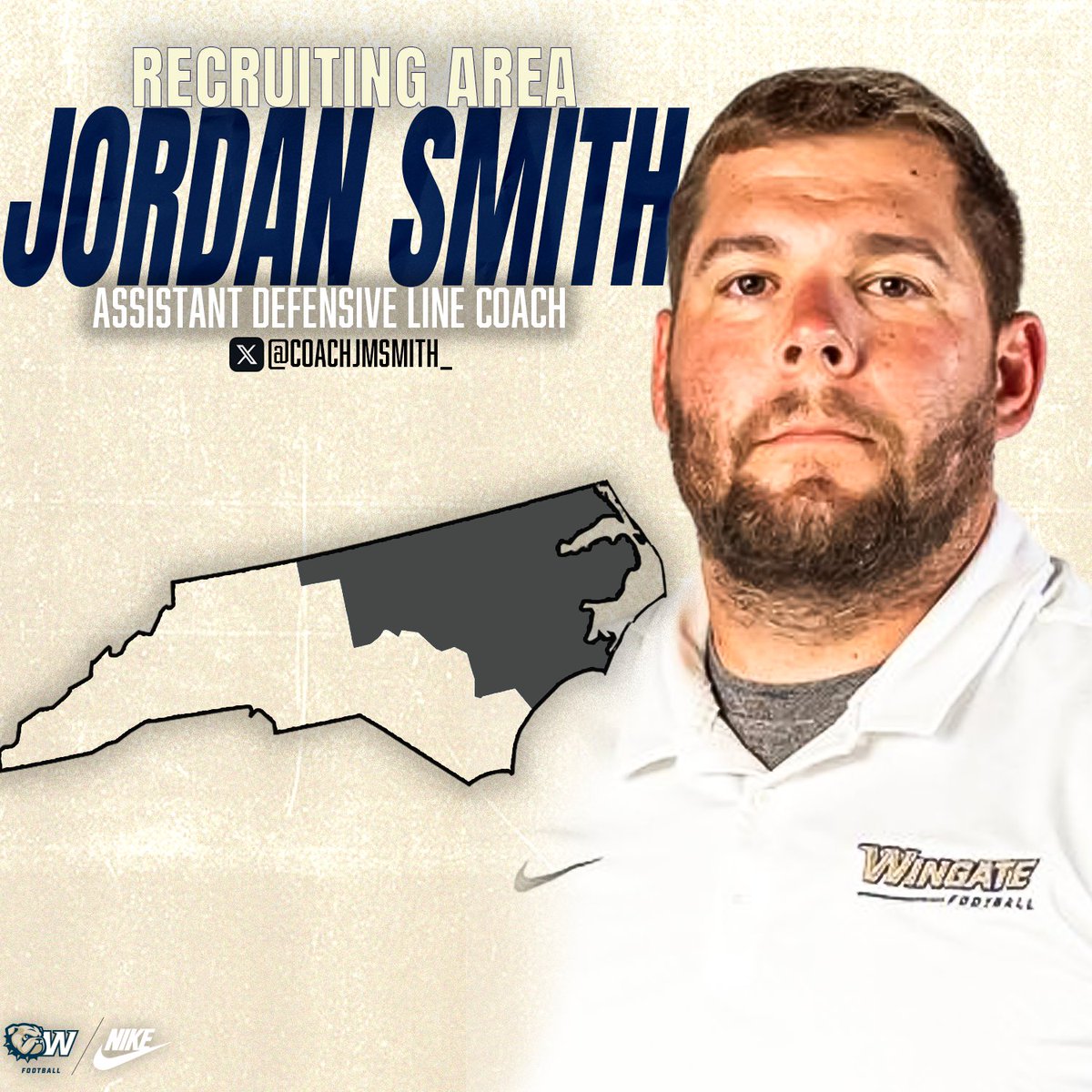 ‼️RECRUITING AREA‼️ Wingate's Assistant Defensive Line Coach, @coachjmsmith_, is ready to find some future bulldogs! #OneDog