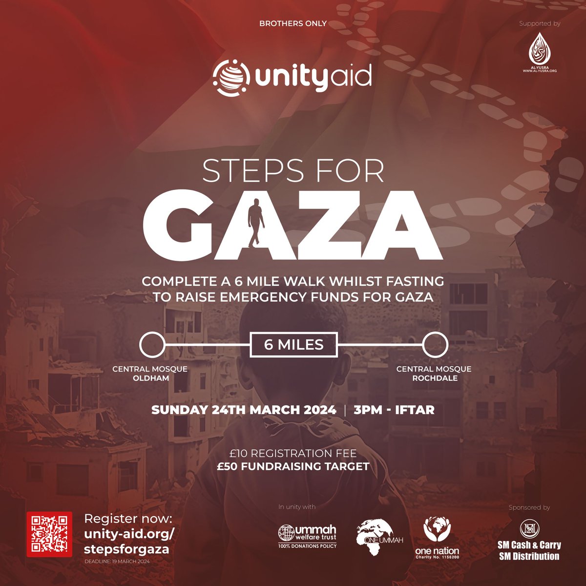 AlYusraUK's tweet photo. 📣 Monday Deadline for 🚶🏽4 🇵🇸
 
Walk 6 miles whilst fasting from Oldham Central Mosque to Rochdale Central Mosque in solidarity with our brothers &amp; sisters in Gaza 🇵🇸
 
🗓️ 𝗦𝘂𝗻𝗱𝗮𝘆 𝟮𝟰𝘁𝗵 𝗠𝗮𝗿𝗰𝗵 𝟮𝟬𝟮𝟰
 
🔗 𝗦𝗶𝗴𝗻 𝘂𝗽 𝗻𝗼𝘄 𝗼𝗻 https://t.co/qjd1SrsN1b https://t.co/2Za2SRY66b
