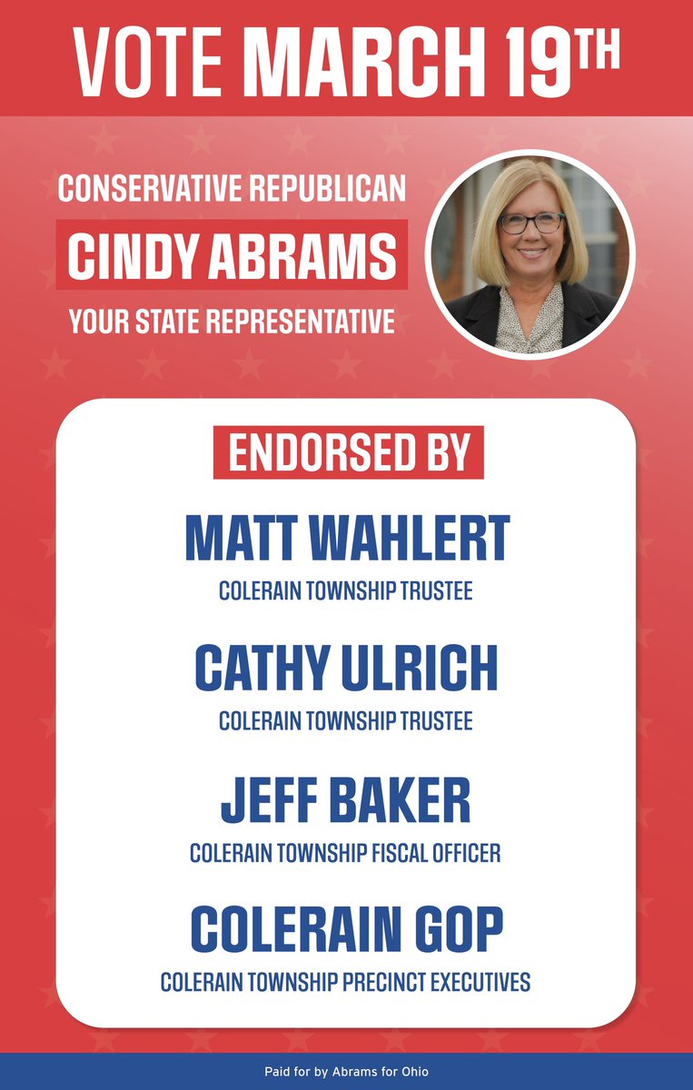 AbramsforOhio's tweet photo. Thrilled to announce the endorsements of many strong leaders in Colerain Township — including the Colerain Township GOP.
Remember to get out and #VoteAbrams tomorrow! https://t.co/f0ly7OckWW