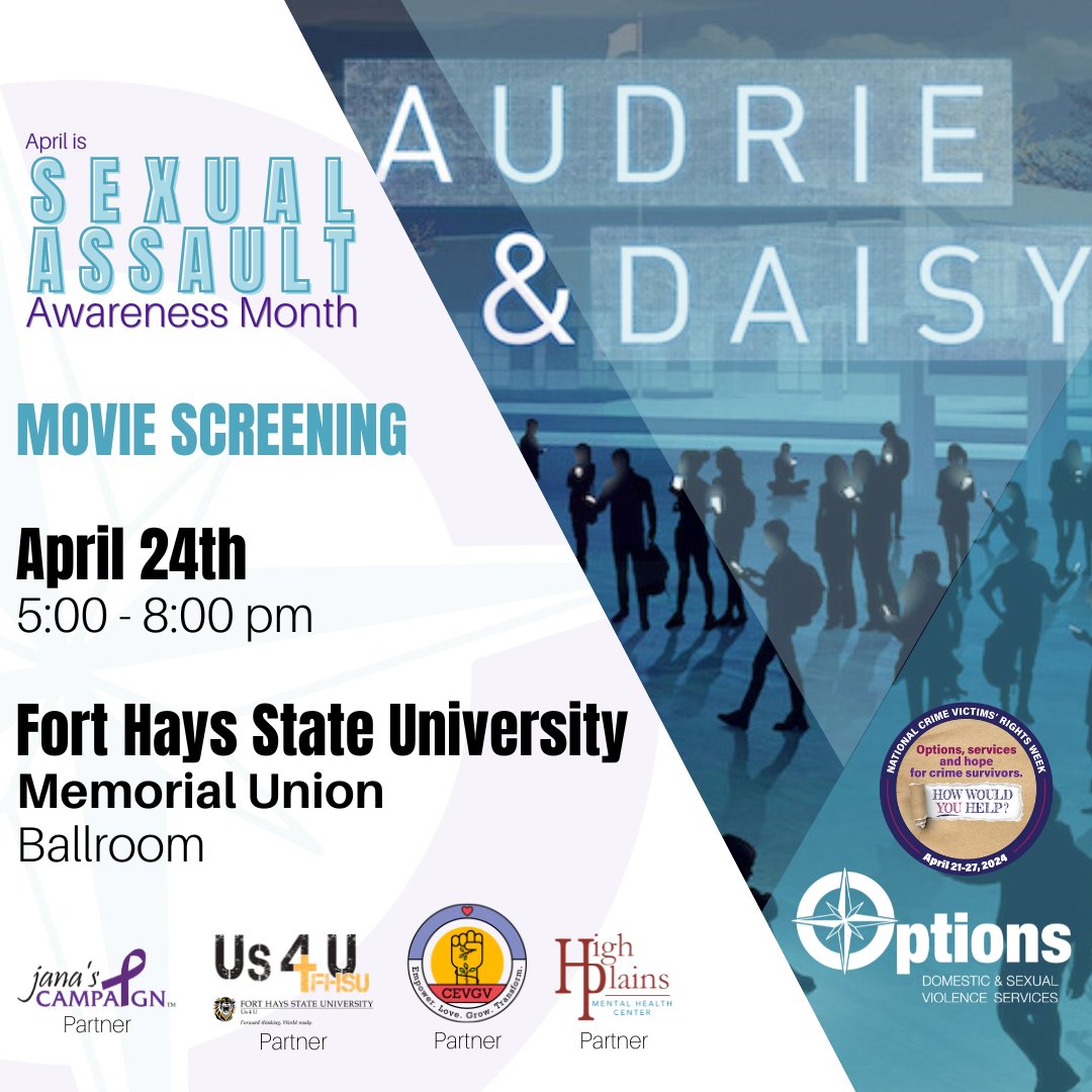 Options Domestic & Sexual Violence Services (@optionshays) on Twitter photo #SAAM Screening: "Audrie & Daisy" explores the impact of filmed sexual assault. Join us 4/24 for awareness & support. FHSU Memorial Union 5pm. <a href="/JanasCampaign/">Jana's Campaign</a> #EndSexualAssault #Screening #AudrieDaisy #Awareness #CrimeVictimsRights #SAAM Screening: "Audrie & Daisy" explores the impact of filmed sexual assault. Join us 4/24 for awareness & support. FHSU Memorial Union 5pm. <a href="/JanasCampaign/">Jana's Campaign</a> #EndSexualAssault #Screening #AudrieDaisy #Awareness #CrimeVictimsRights