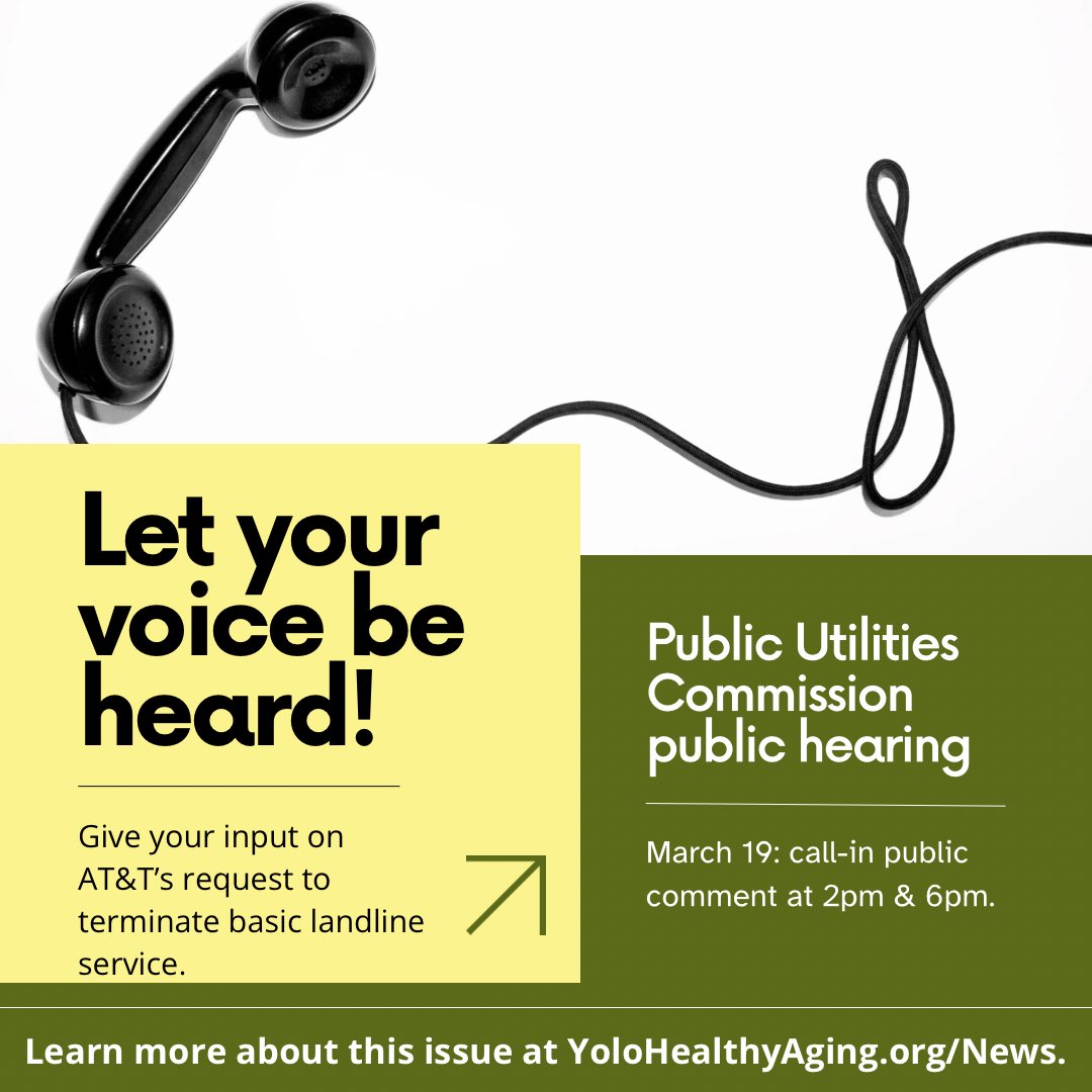 Yoloaging's tweet photo. AT&amp;T has requested to stop providing basic landline service to those who want simple telephone service. This could negatively affect CA residents, especially our older adults. Read more about this issue here: https://t.co/o5V6tZIodS

(Thread continued for how you can help) https://t.co/73N1o0Zt8T