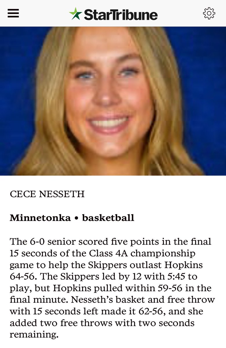 Star Tribune’s Prep Athlete of The Week: CeCe Nesseth.  An award thoroughly earned by <a href="/CeceNesseth/">CeCe Nesseth</a>