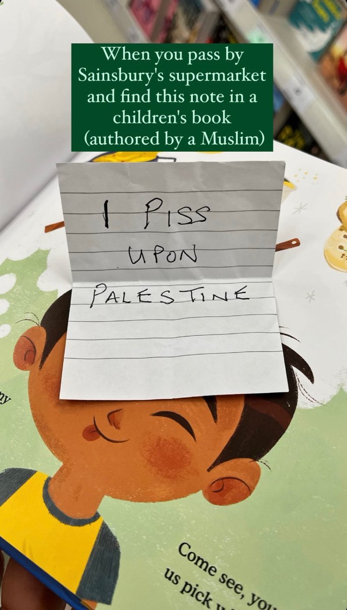 MariamKSHakim's tweet photo. Imagine being SO FULL OF HATE!👎 

Someone targeted children’s books w Muslim/South Asian/Brown representation &amp; left kids abusive messages of hate about Palestine. What next for children?? 

This was in Leeds, Sainsburys today (Whiterose Centre) #Islamophobia #Hatecrime #racism https://t.co/RvZXj44SxO
