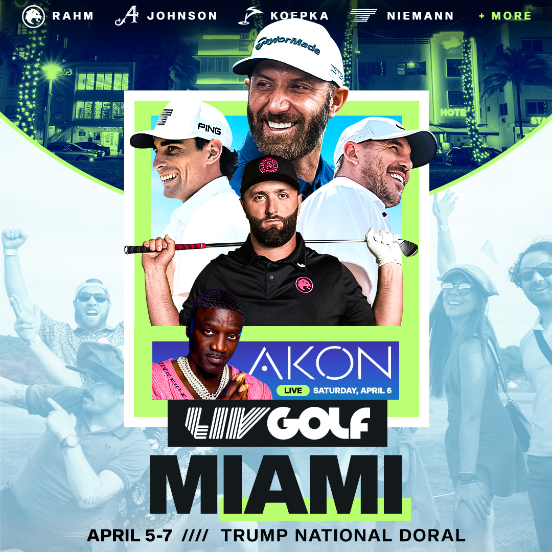 Mark your calendars for LIV Golf's return to the iconic @TrumpDoral, April 5th-7th! Witness top players in action and enjoy an epic performance by multi-platinum artist, Akon, on Saturday! Purchase tickets here: bit.ly/LIVGolfMiami20…!