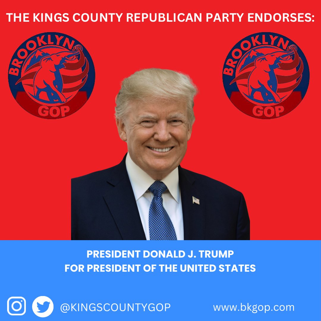 The Kings County Republican Executive Committee is proud to announce its endorsement of Donald J. Trump for President of the United States. President Trump is the clear choice for every Brooklynite and citizens across our country. It’s time to now Make America Great Again! 🇺🇸