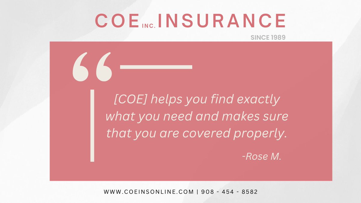 Our goal at COE Insurance is to help you find what you need in an insurance policy. Thank you, Rose M. for your review! 😊☂️✨

coeinsonline.com | 908-454-8582

#coeinsurance #insurance #insurancecompany #customerreview #customerfeedback #honestreview #customerservice