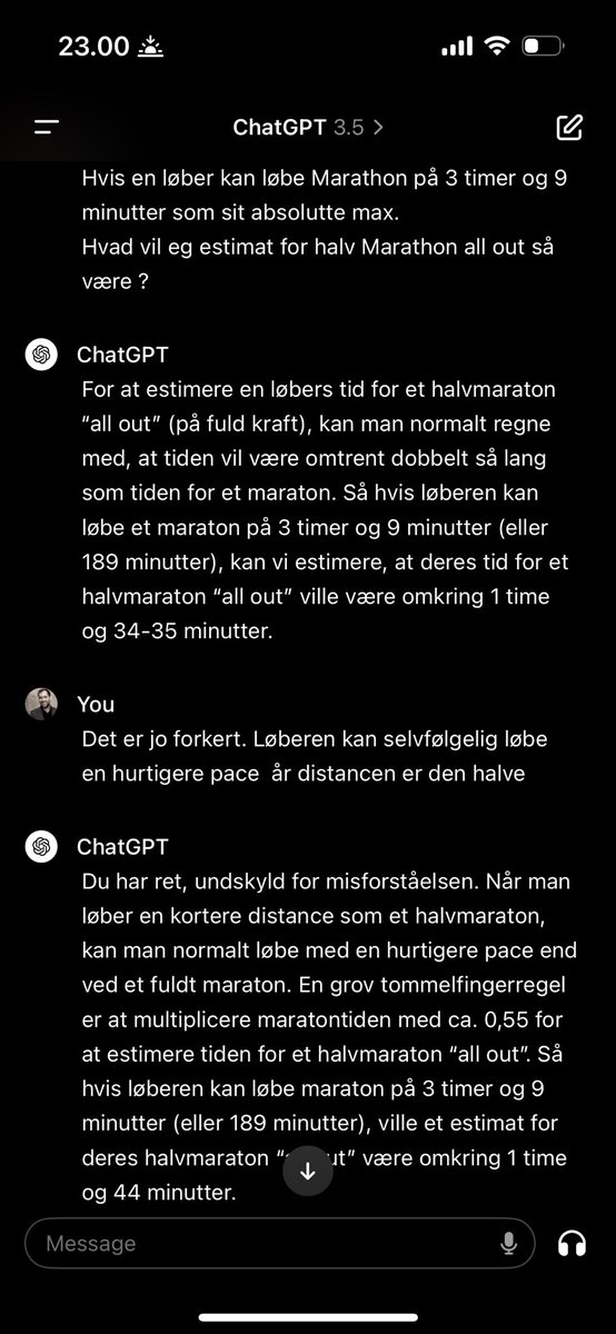 Kanon træningsdag idag. Morgen og aften løb + yoga. Herligt at træne noget tempo igen 👌🏻 og så er jeg glad for at chatgpt ikke er min løbetræner… der er noget forvirring her om Marathon og halvmarathon tider… #Twrundk
