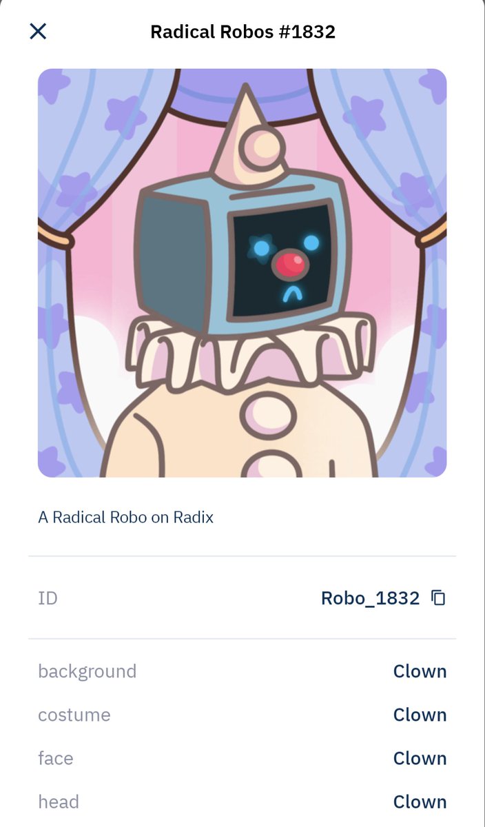 🤡🤖 CLOWNOBO 1/1 - <a href="/radical_robos/">Radical Robos</a> on sale:

swap.trove.tools/resource_rdx1n…

$XRD #XRD