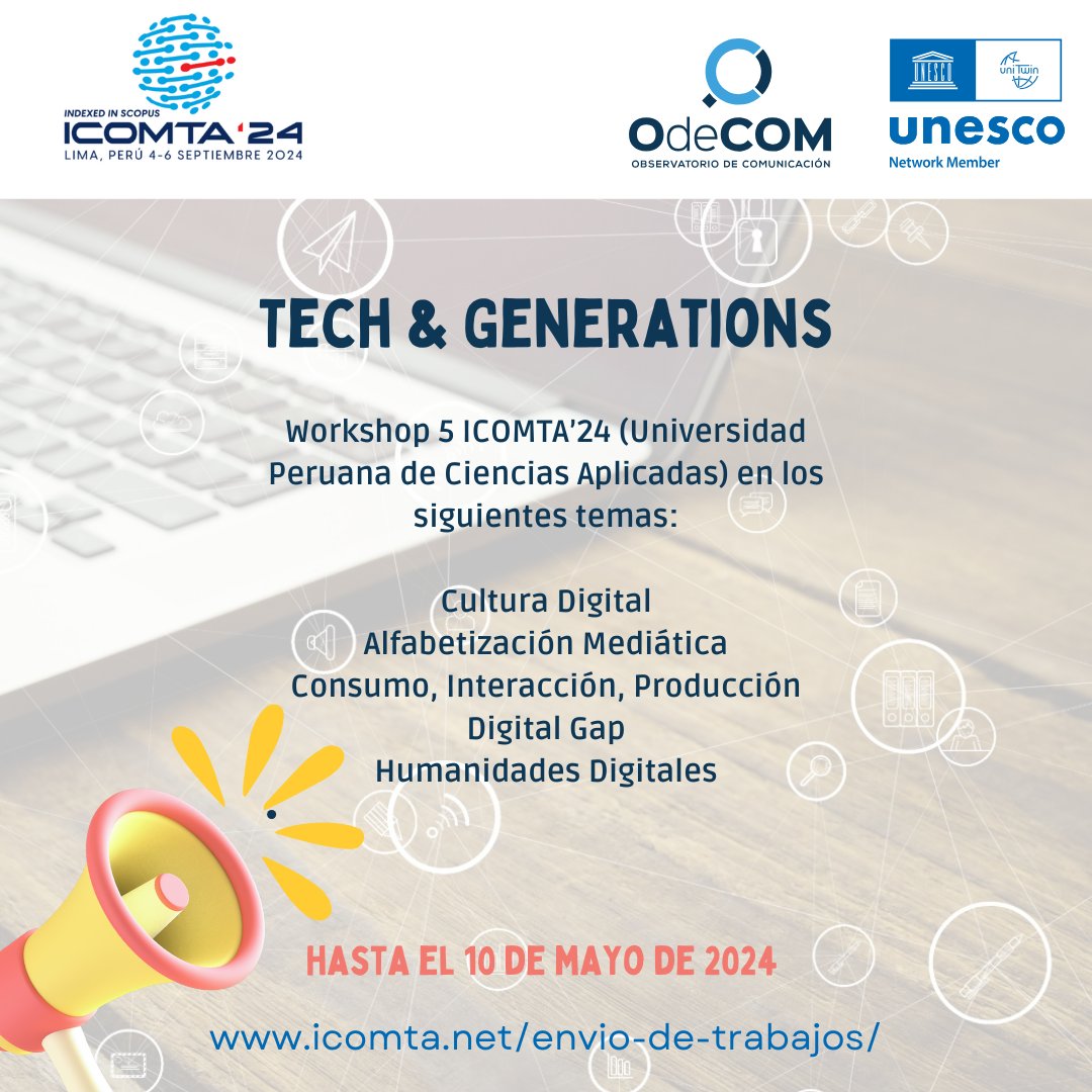 OdeComPUCE's tweet image. Ilusionados con septiembre cuando nos encontraremos en la @UPCedu en Lima, en el #Workshop5 #TechGen del #ICOMTA&apos;24. Sé parte con tus investigaciones sobre #CulturaDigital, #AlfabetizaciónMediática,  #HumanidadesDigitales 👩‍💻

⚠️#CfP vence 05.10.24: icomta.net/envio-de-traba…