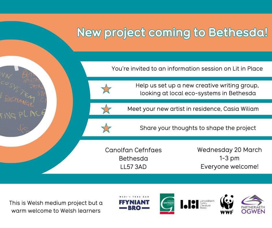 Cyfarfod cyntaf prosiect Llên Mewn Lle Bethesda ddydd Mercher yma am 1yh. Os oes gennych ddiddordeb ysgrifennu am natur, newid hinsawdd, ecosystemau neu gynefin Dyffryn Ogwen, dewch draw. Bydd hi’n hyfryd eich gweld. #LlênMewnLle @LlenCymru @WWFCymru