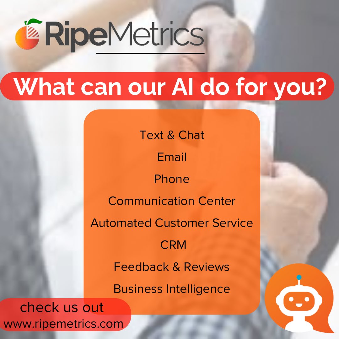 RipeMetrics's tweet image. 🍊Our AI takes the customer service and CRM tools then bundles it with AI! Let us help you with your business 🍊
 #Smallbusinesses #AI #artificialintelligence #Ripemetrics #CRMtools #customerservice
