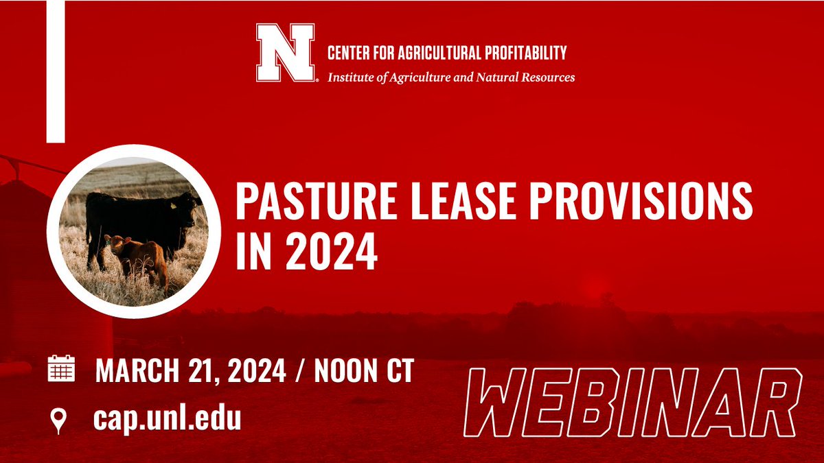 Soon it will be time to turn cattle out to pasture, making this a great time to evaluate your pasture lease. Our webinar on Thursday will cover important lease provisions as well as information about beef cow share agreements. Register: go.unl.edu/46q9