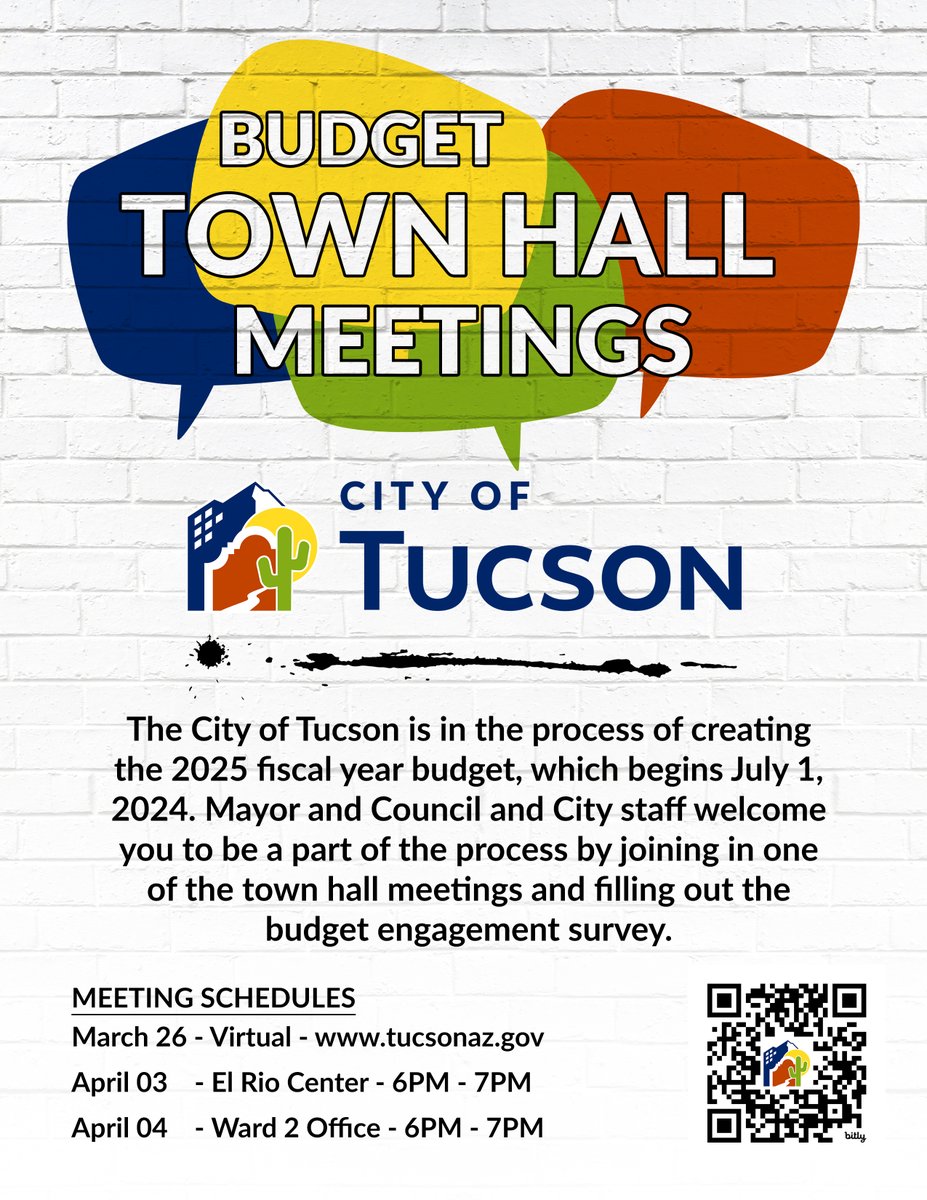 The City of Tucson is in the process of creating the 2025 fiscal year budget, which begins July 1, 2024. You're invited to be part of the process by joining in one of the town hall meetings and filling out the budget engagement survey. bit.ly/3TDncGi