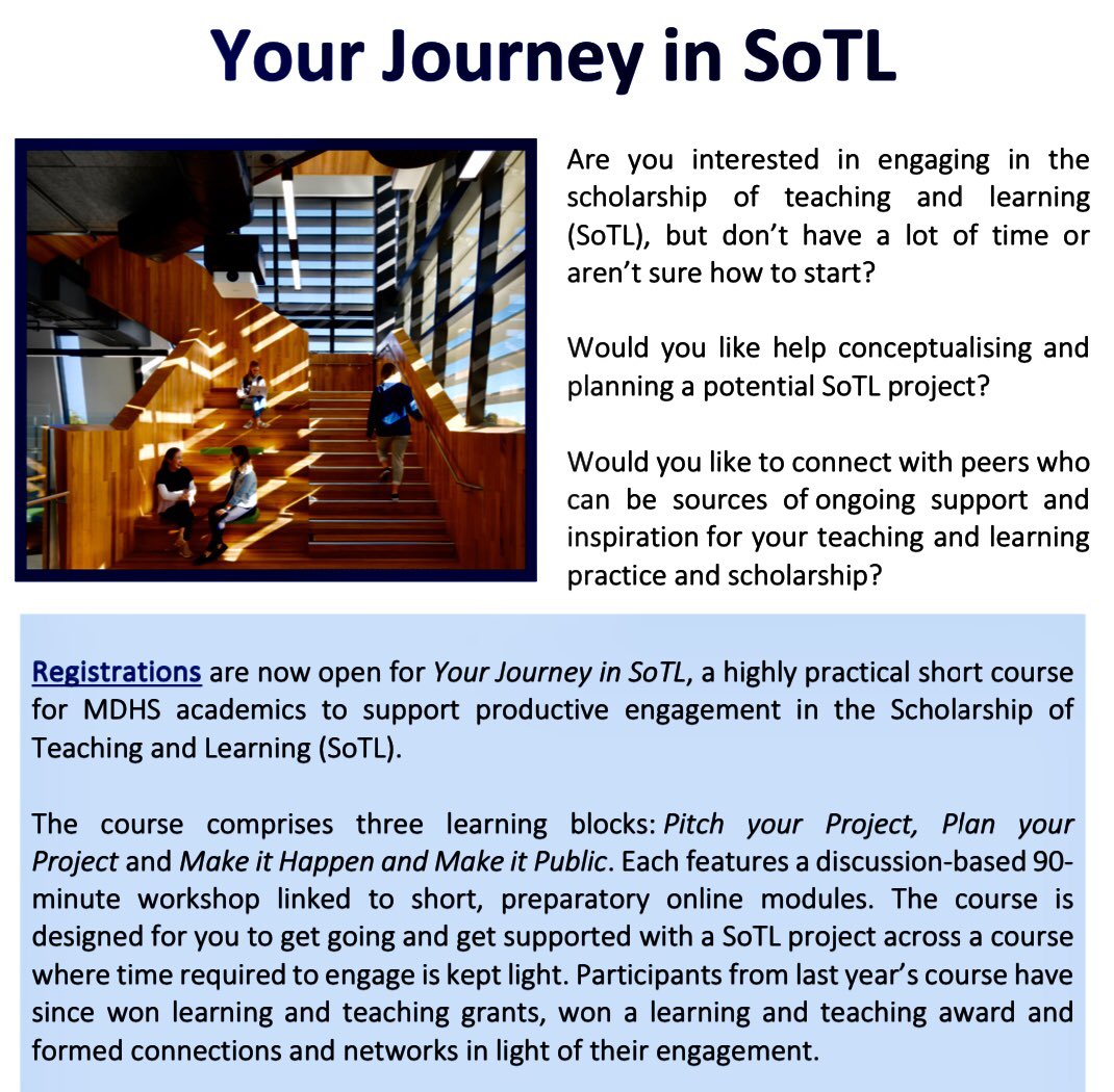 Your Journey in SoTL - a @UniMelbMDHS Strategic Priority supporting academics to be exemplary teachers & innovators in education. Excited to be part of the trio with @angelina_fong & Timothy Beaumont fostering connections! @UniMelb @UniMelbDOVS @emolloy1 @BRT_LungGuy #mshs