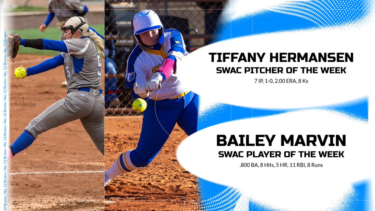 The No. 12 Bruin softball sweep SWAC weekly honors!!

Tiffany Hermansen throws her way to conference Pitcher of the Week while Bailey Marvin slugs the Bruins past USU Eastern for conference Player of the Week.