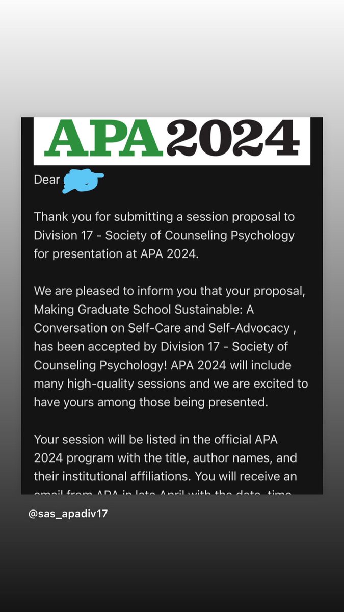 SAS_APAdiv17's tweet photo. Our proposal was accepted!!! Yay!! We will see everyone at APA! Thank you for everyone in SAS that worked on this! #sassyupdates #division17 #counselingpsychology https://t.co/2vxhHUQTFb
