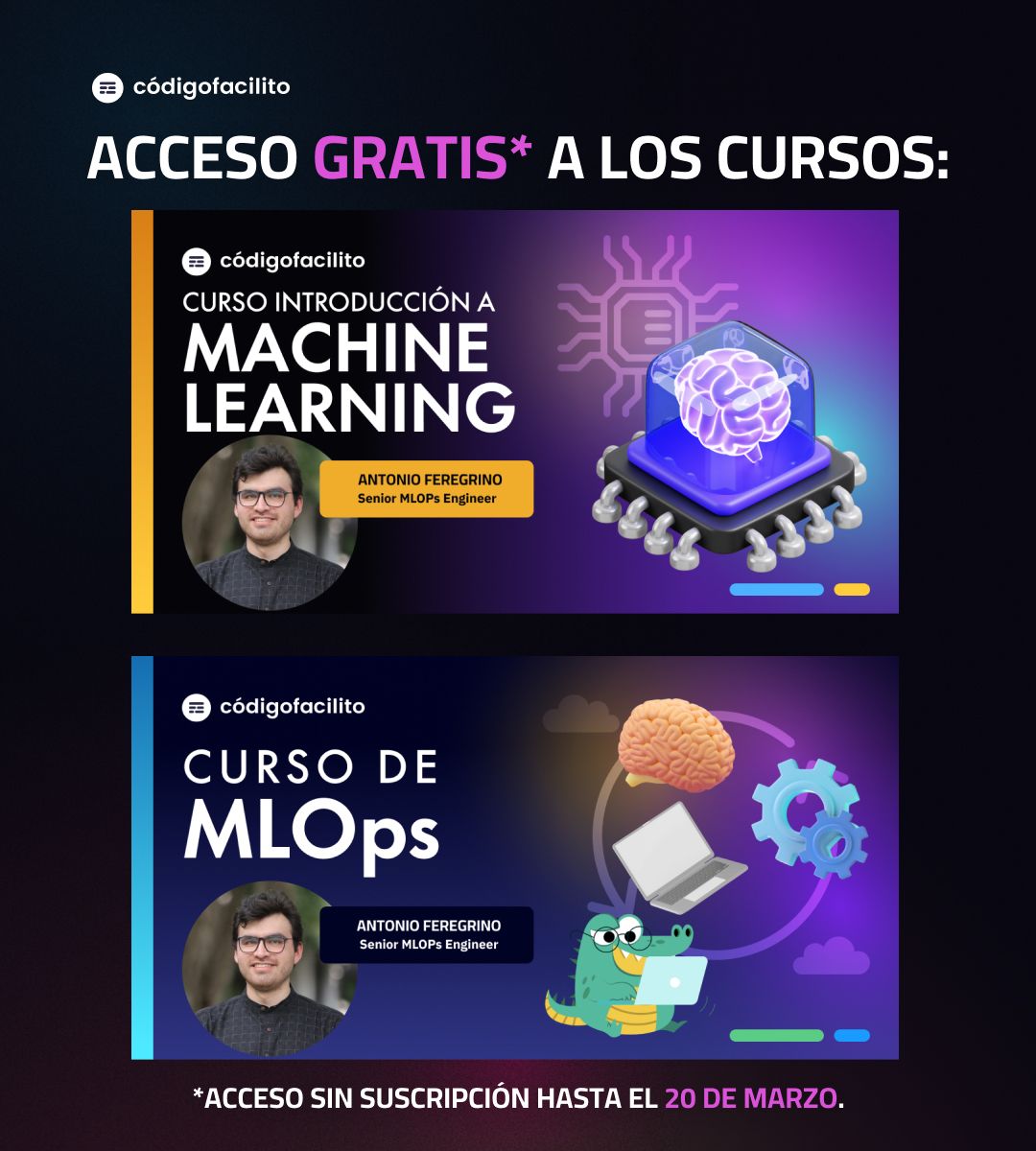 codigofacilito's tweet photo. Estos cursos los puedes acceder sin suscripción*:

🤖 Curso de Introducción a Machine Learning:
https://t.co/57vsBpBaMQ 

🧠 Curso de MLOps:
https://t.co/7cpzcquoBi 

*Disponibles hasta el 20 de Marzo https://t.co/FTbdvxqksN