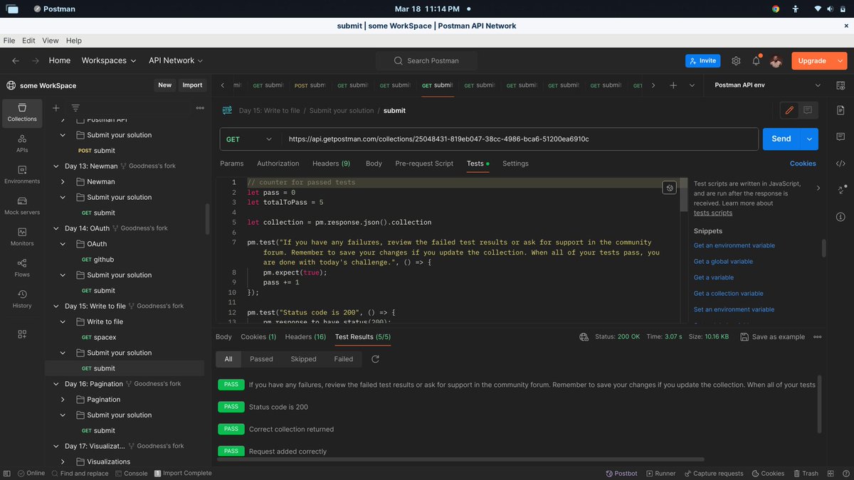 goodnessmbakara's tweet photo. #learnpostman
DAY 15
==> wrote a simple script using #expressjs, nodejs
==> install dependenses like body-parser
==>add a request using pm.sendRequest()
#30daysofpostman https://t.co/JL0nkbgBbZ