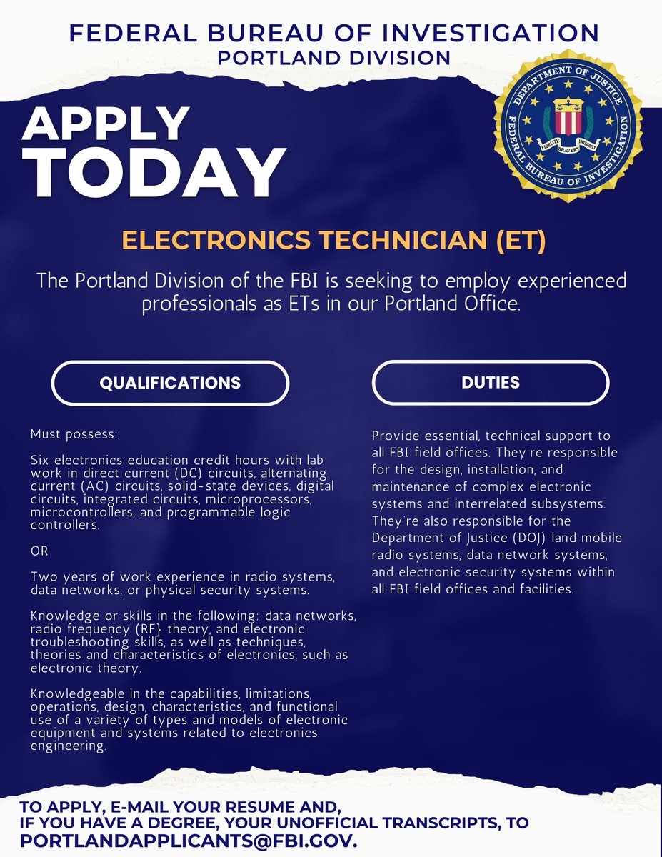 FBIPortland's tweet photo. 📻Are you an experienced Electronic Technician (ET) who is looking for an exciting and rewarding career? #FBIPortland is seeking experienced professionals to join our elite ET team. Email resume to: portlandapplicants@fbi.gov
Learn more: https://t.co/cCPYzzNr2u https://t.co/AioAWQr8h7