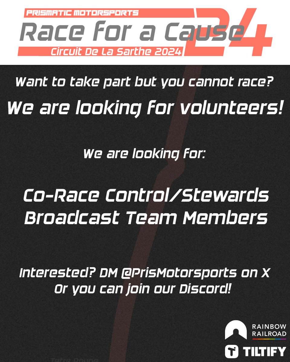 Prismatic Motorsports 🏳️⚧️ (@prismotorsports) on Twitter photo We are still looking for Volunteers to help us with broadcasting the Race for a Cause 24! Joining in the booth with names like <a href="/JamieJessMartin/">Jamie Jessica Martin</a> and <a href="/RaptrosCasts/">Connery Maddick</a> for <a href="/RainbowRailroad/">Rainbow Railroad</a>!
If you are interested, DM us!
#IRacing #RFAC24 #charity We are still looking for Volunteers to help us with broadcasting the Race for a Cause 24! Joining in the booth with names like <a href="/JamieJessMartin/">Jamie Jessica Martin</a> and <a href="/RaptrosCasts/">Connery Maddick</a> for <a href="/RainbowRailroad/">Rainbow Railroad</a>!
If you are interested, DM us!
#IRacing #RFAC24 #charity
