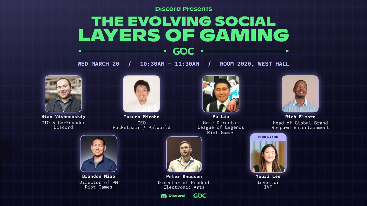 heading to #gdc2024 this week? we're hosting a panel with this amazing lineup & would love to see you there. join our mega boss-rush gaming panel where we'll discuss the evolution & impact of social mechanisms in games. see our GDC schedule: discord.com/gdc-2024