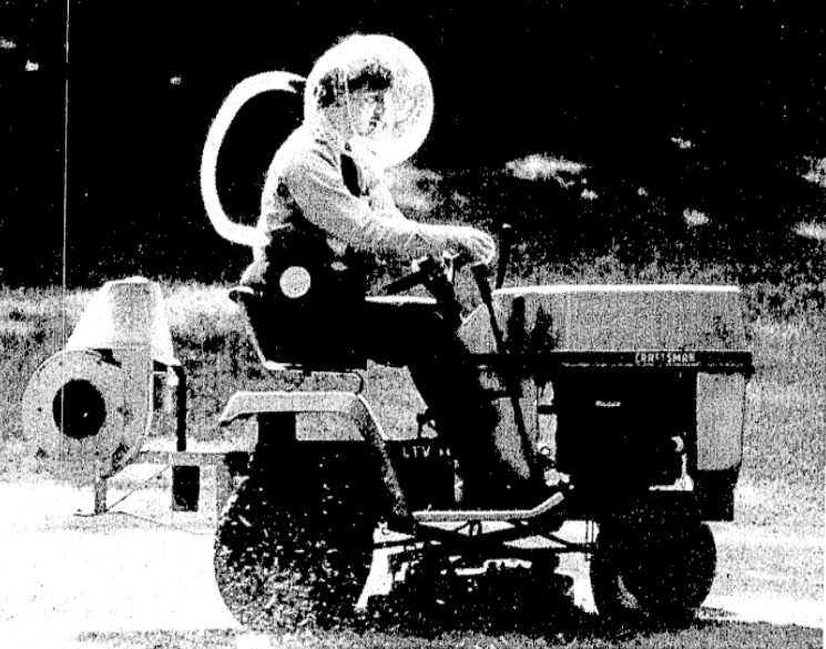 'Jim Greenbaum wearing a Hincherton Hayfever Helmet as he mows his lawn in Virginia. It is claimed the moon-walker-style device helps him breath more easily in such conditions'. Published in the Press (Christchurch), 26 December 1985, P13 #gardenhistory