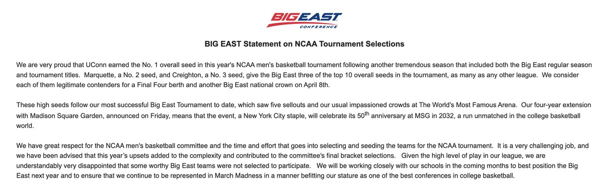 John_Fanta's tweet photo. NEWS: The Big East Conference has just released the following statement on the NCAA Tournament Selections. 

"Given the high level of play in our league, we are understandably very disappointed that some worthy Big East teams were not selected to participate." https://t.co/yxHTtwqLTD