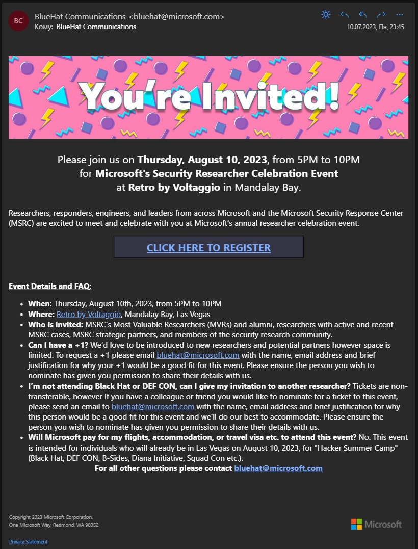 I have been invited to Microsoft MSRC Researcher Celebration at Black Hat USA 2023 in Las Vegas.
#microsoft #MSRC #MVR #BlackHat #BlueHat #researchers #vulnerability #cybersecurity #InfoSec #security #defense #software #IT