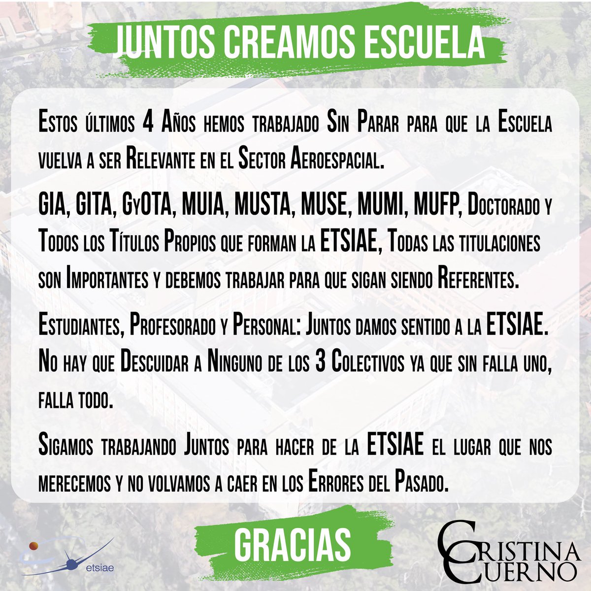 #JuntosCreamosEscuela

Quería guardar esta última publicación para hablar de lo que realmente es importante. Las Personas

Gracias por el apoyo que me mostráis cada día. Sin vosotr@s, nada tendría sentido. Sigamos trabajando para hacer <a href="/aeroespacialUPM/">ETSIAE - UPM</a> el lugar que nos merecemos.