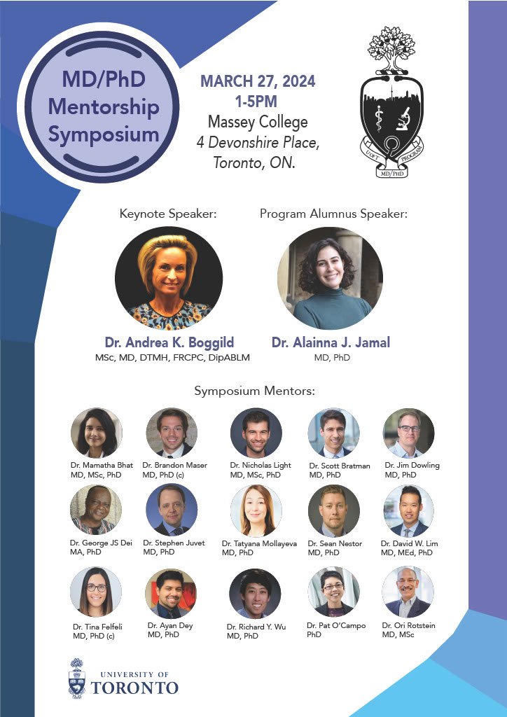 Look at this incredible line-up of mentors and speakers for our @UofT MD/PhD Mentorship Symposium! Happening on March 27th 💌 @uoftmedicine @UofTMDprogram