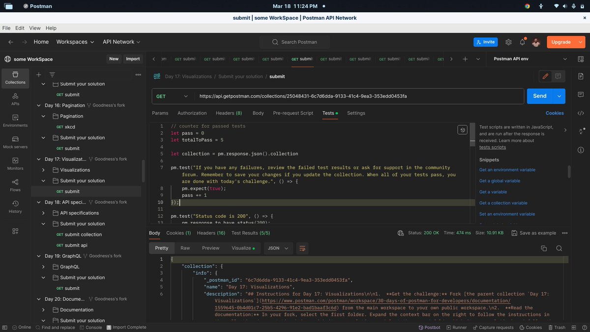 goodnessmbakara's tweet photo. #learnpostman
DAY 16
==> use the pm.visualizer.set() method to initialize an HTML template string
==>use css to style the format of the request
#30daysofpostman
@getpostman https://t.co/NnMtbA6KDJ
