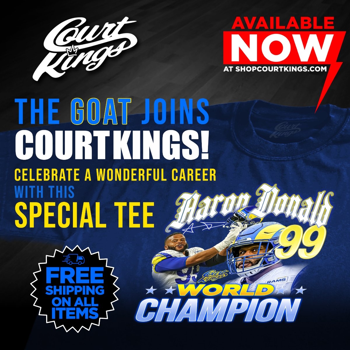 Celebrate a legendary career with our exclusive Aaron Donald tee! 🌟 Show your pride for the Rams' G.O.A.T as he caps off a remarkable career including becoming a World Champion. Score yours with FREE shipping now! Don't miss out!

shopcourtkings.com 

 #RamsNation…