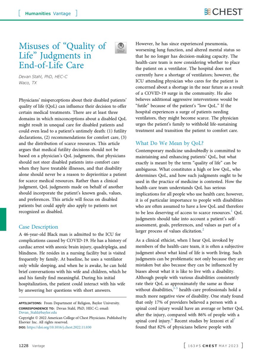 This is such an important piece from @accpchest! How healthcare workers must avoid making improper assumptions about acceptable QoL when having serious illness conversations. #MedTwitter journal.chestnet.org/article/S0012-…